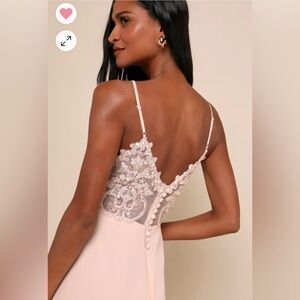 LULUS Romantic ways blush pink lace button back maxi dress
